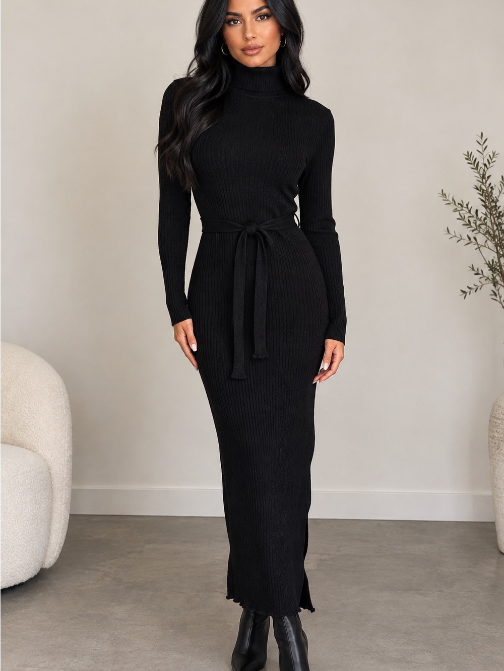 Mango Black Ribbed Turtleneck Maxi Dress with Waist Tie